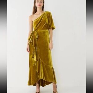 NWT J Crew Collection One Shoulder Silk Velvet Midi Maxi Dress Gathered Gold 12